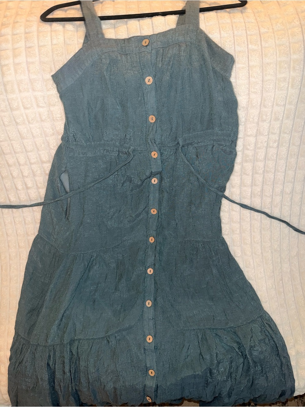 Listicle Teal Button-Front Midi Woven Dress with Tie Waist